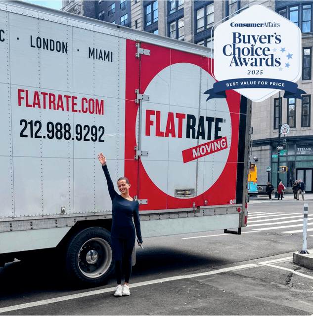 FlatRate Moving truck with a client and a winner badge